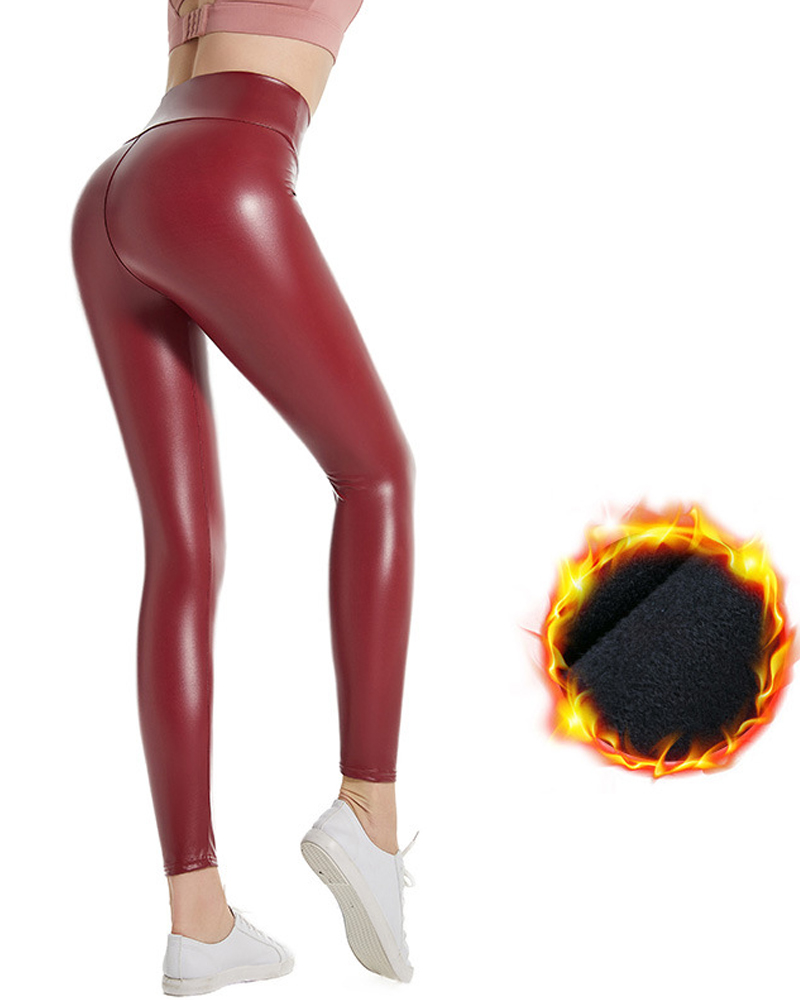 Plush Leather Pants High Elastic High Waist Leggings-Curvy-Faja