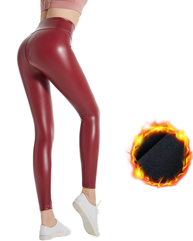 Plush Leather Pants High Elastic High Waist Leggings-Curvy-Faja