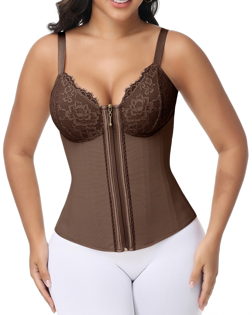 Deep V Lace Corset Top Trimmed Waist Trainer with Front Zipper-Curvy-Faja