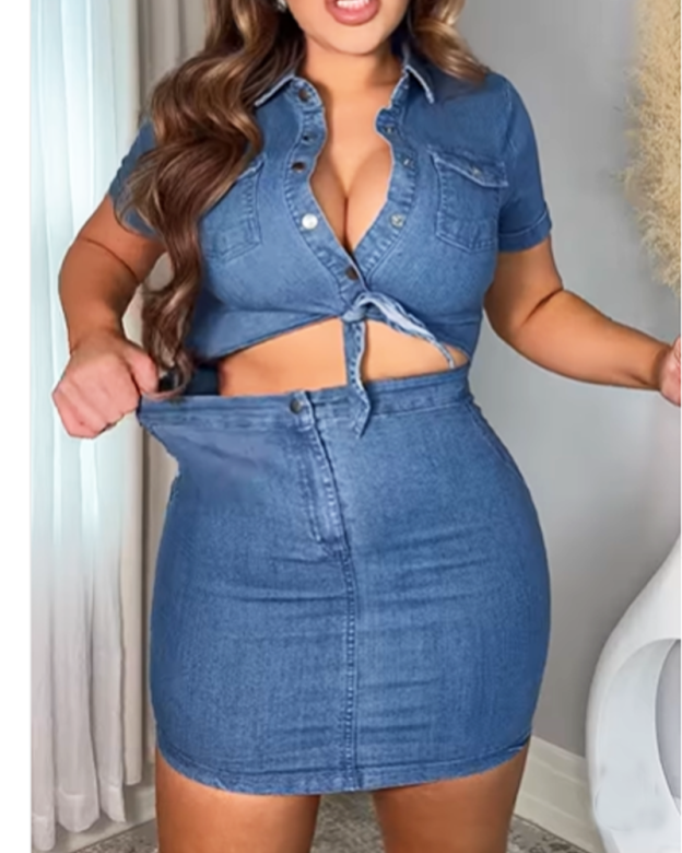Womens Sexy 2 Pieces Denim Outfits Button Shirt Package Hip Denim Dress Set (Pre-Sale)