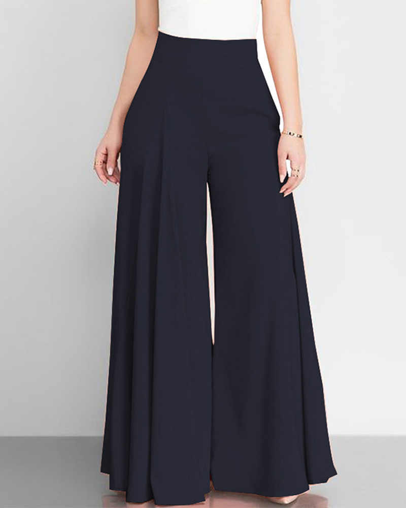 Solid Color High Waist Wide Leg Pants-Curvy-Faja
