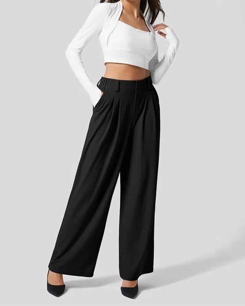 High Waisted Plicated Side Pocket Wide Leg Waffle Work Pants