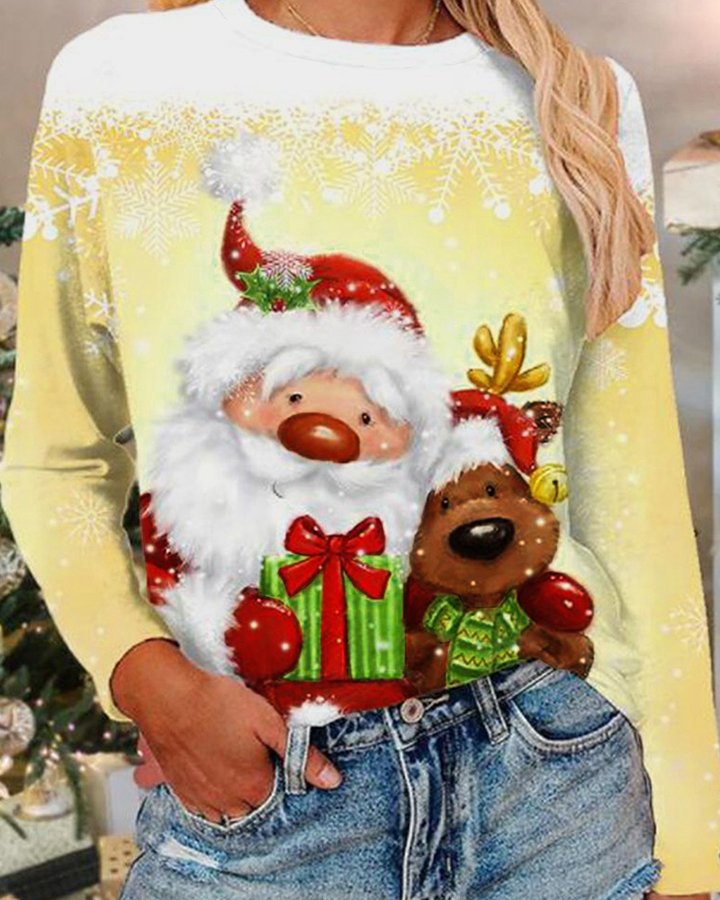 Christmas Casual Crew Neck Long Sleeve T-Shirt Top-Curvy-Faja