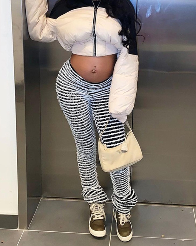 Sexy High-Waisted Striped Knit Patchwork Long Trousers