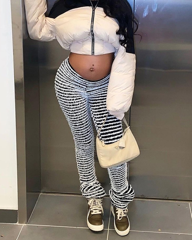 Sexy High-Waisted Striped Knit Patchwork Long Trousers