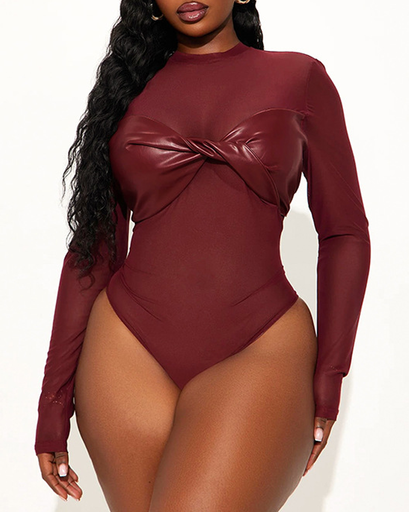 Sexy Mesh PU Leather Long-Sleeved Slim Fit Bodysuit