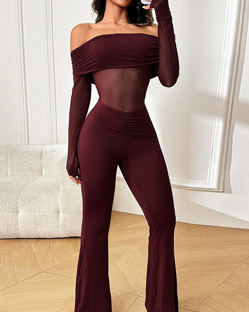 Mesh-Paneled Off-Shoulder Long-Sleeved Jumpsuit