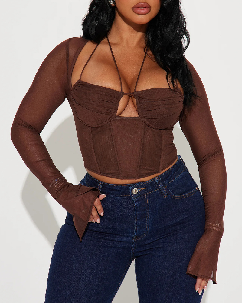 Mesh Patchwork Versatile Fishbone Halter Neck Tie-Waist Cropped Top