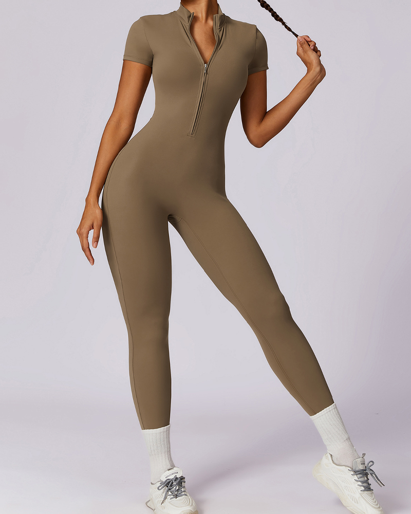 Zippered Short-Sleeved Slim-Fit Jumpsuit