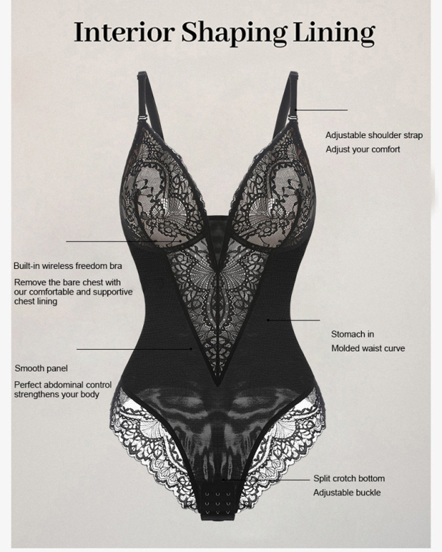 Deep V-Neck Shaping Lace Bodysuit