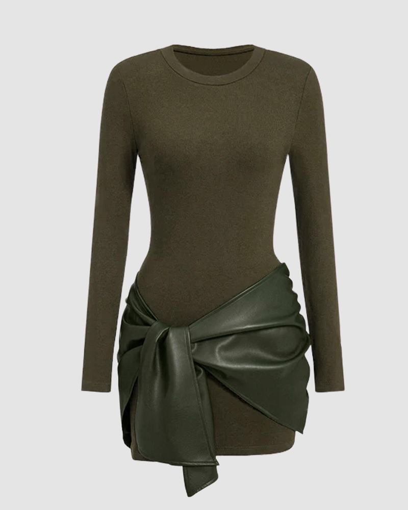 Women's Front-Tie PU Trim Long-Sleeved Mini Dress