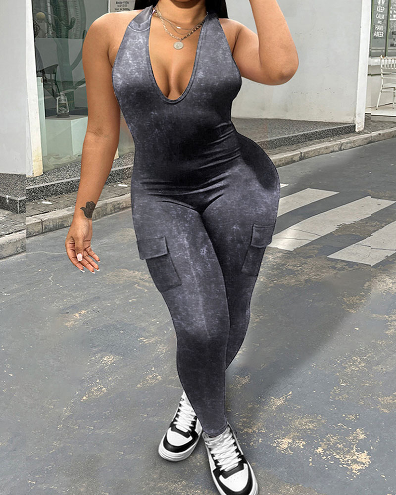 Thigh-Neck V-Neck Sports Jumpsuit With Pocket Hip Lift
