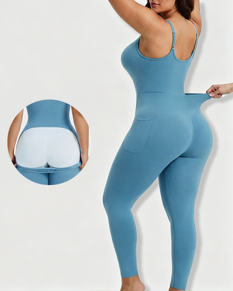Front Zip Back Opening Butt Lift Pocket Legging Bodysuit Shapewear（Pre-Sale）