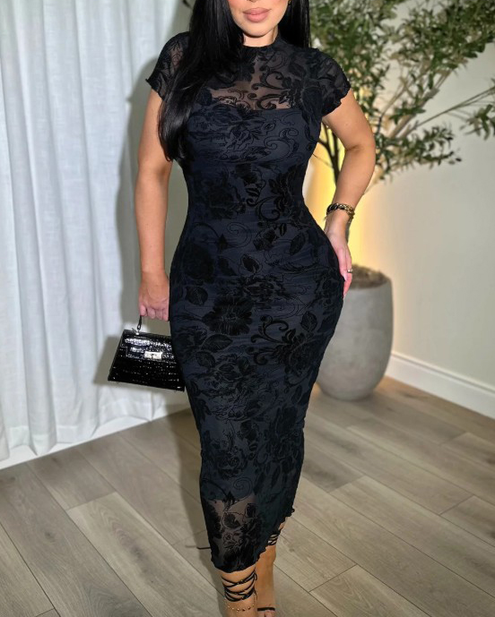 Women's Sheer Mesh Sexy Bodycon Dress with Retro Prints-Curvy-Faja