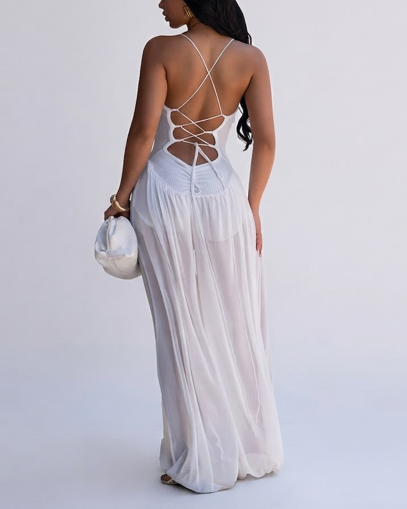 Vacation Style Lace-Up Back Slim Wide Leg Jumpsuit
