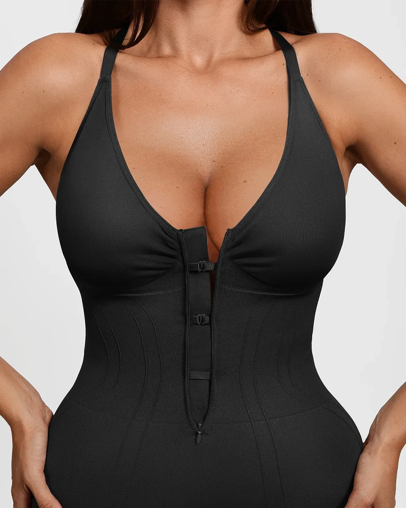 Front‑Zipper Deep‑V Adjustable Straps Shapewear Jumpsuit（Pre‑Sale）