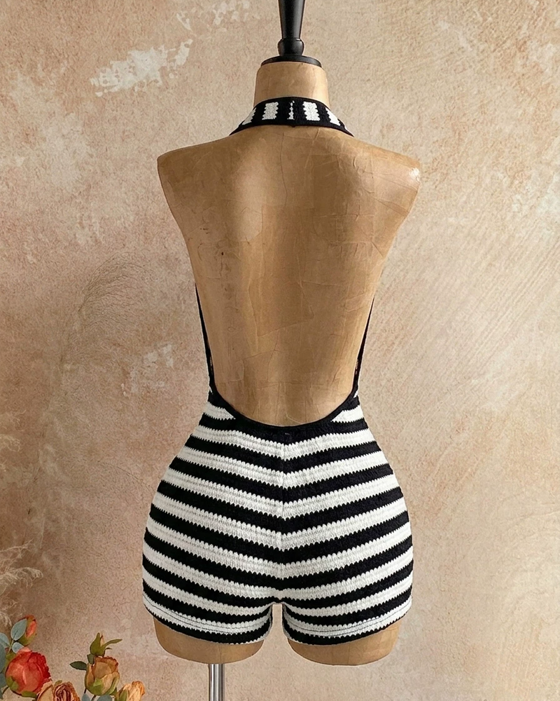 Striped Print Halter Backless Jumpsuit