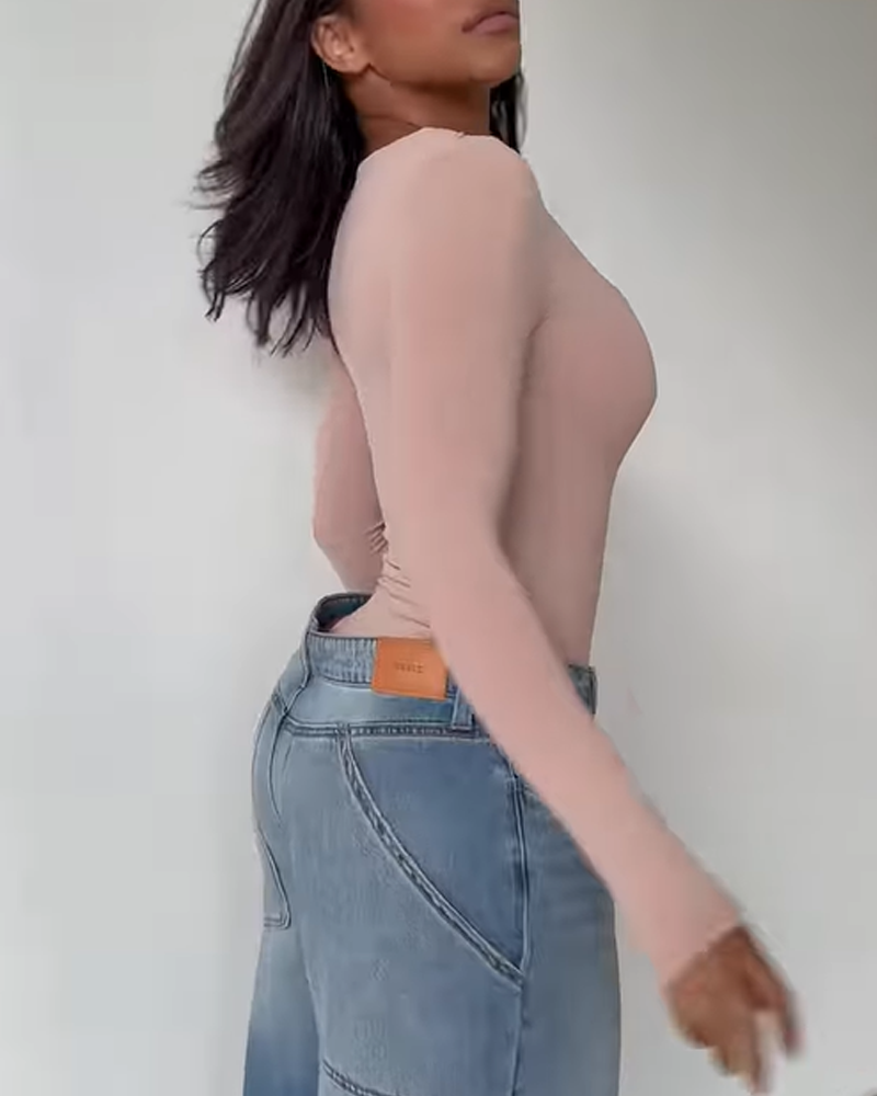 Square Neck Slim Tummy Control Long Sleeve Bodysuit（Pre-Sale）