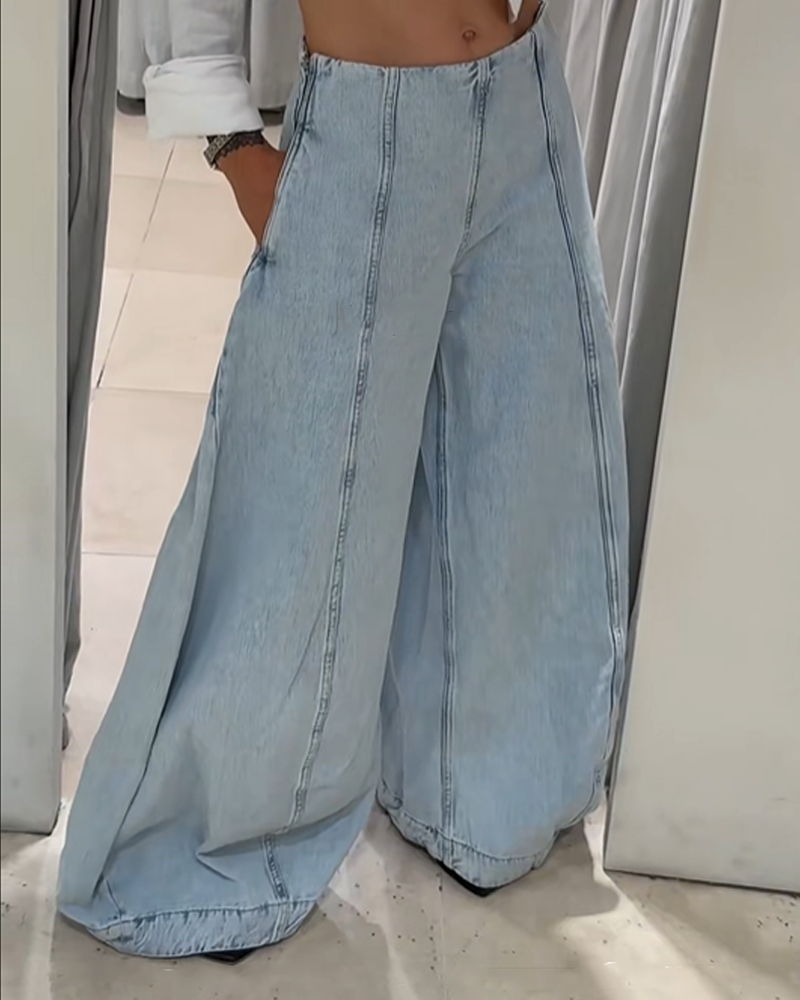 Retro Distressed Light-Colored Wide-Leg Trousers High-Waisted Balloon Style Jeans