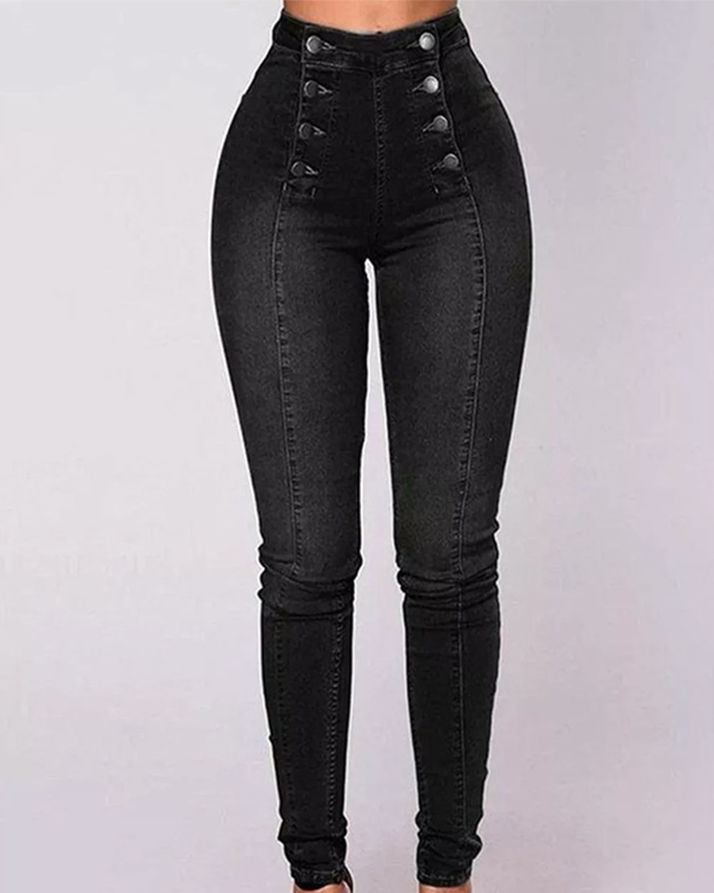 High-Waisted Casual Two-Row Stretch Jeans With Multiple Buttons