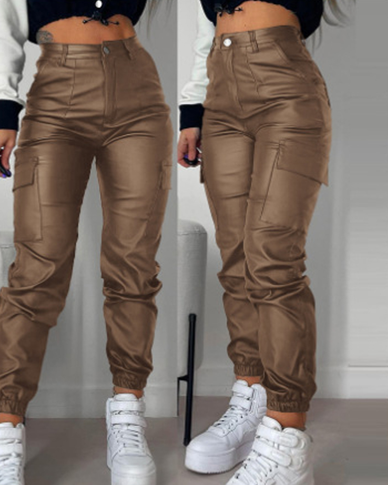 Zipper Pleated PU Casual Patch Pocket Skinny Pencil Trousers-Curvy-Faja