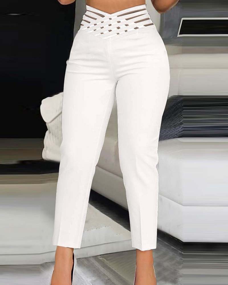 Casual Overlap Waist Hollow Out Work Pant High Waisted Pencil Stretch Pants for Women Trendy