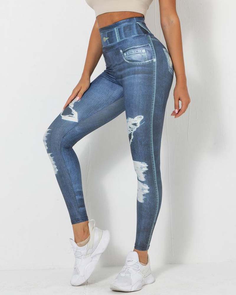 Digital Printed Denim Blue Tight Height Snap Dry Yoga Pants