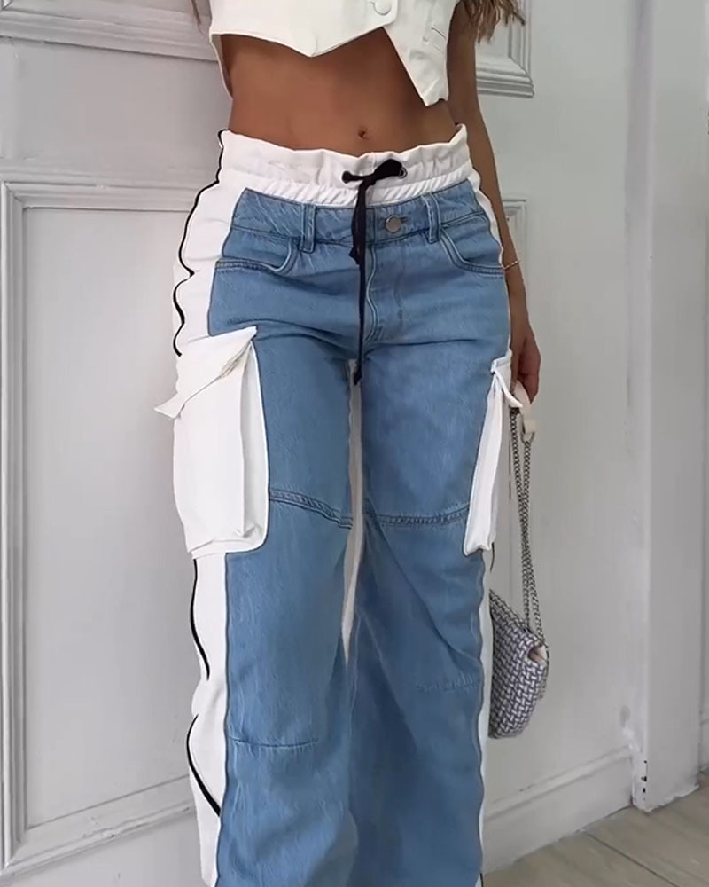 Patchwork Cargo Jeans With Lace-Up (Pre-Sale)
