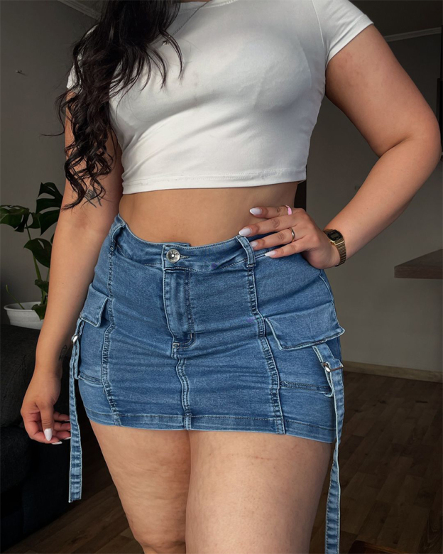 Lined Denim Cargo Shorts Skirt-Curvy-Faja