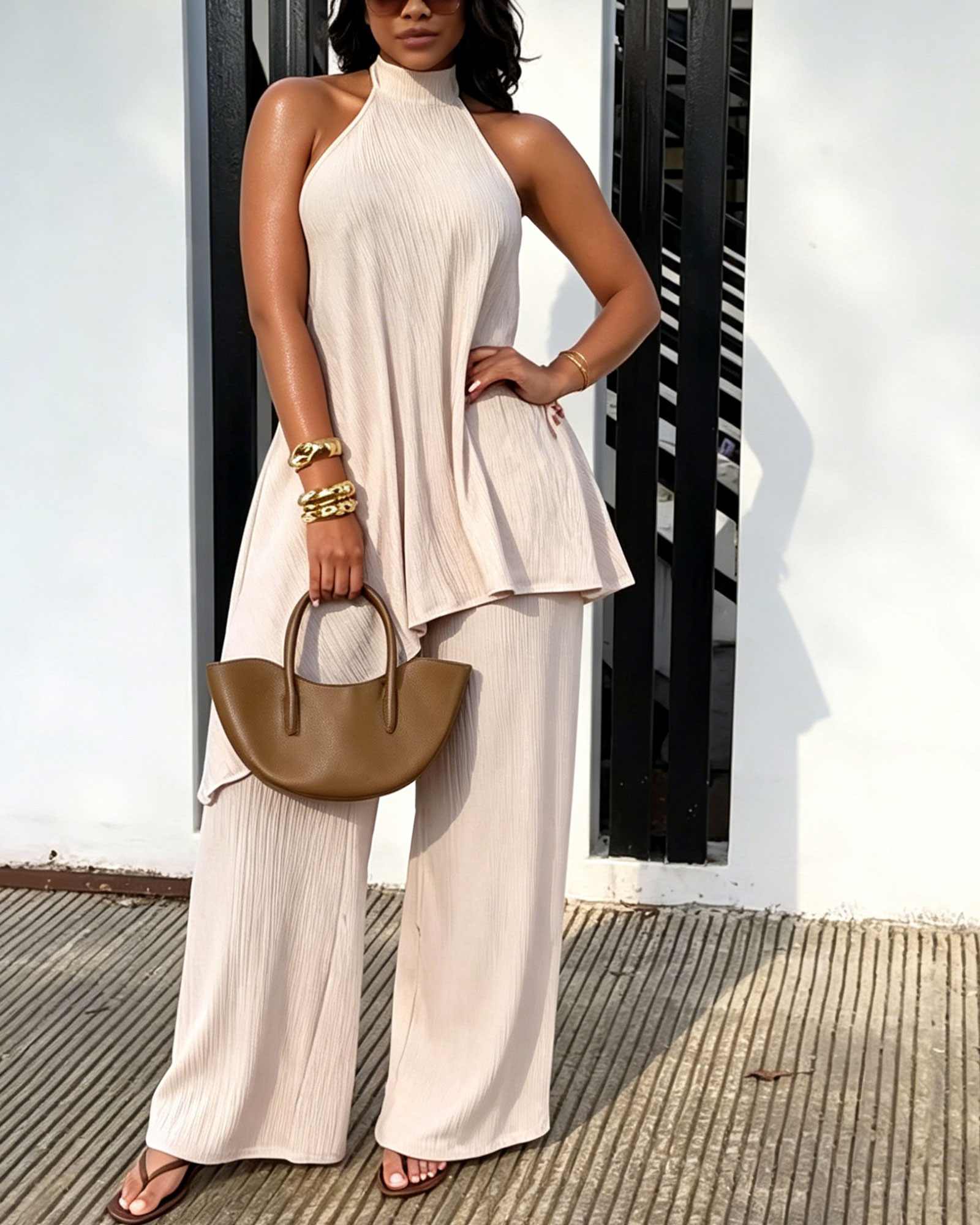 Crinkle Halter Backless Top & Wide Leg Pants Two-Piece Set(Pre-Sale)
