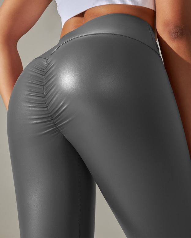 Pleated Hip-Lifting Leather Pants, Leggings-Curvy-Faja