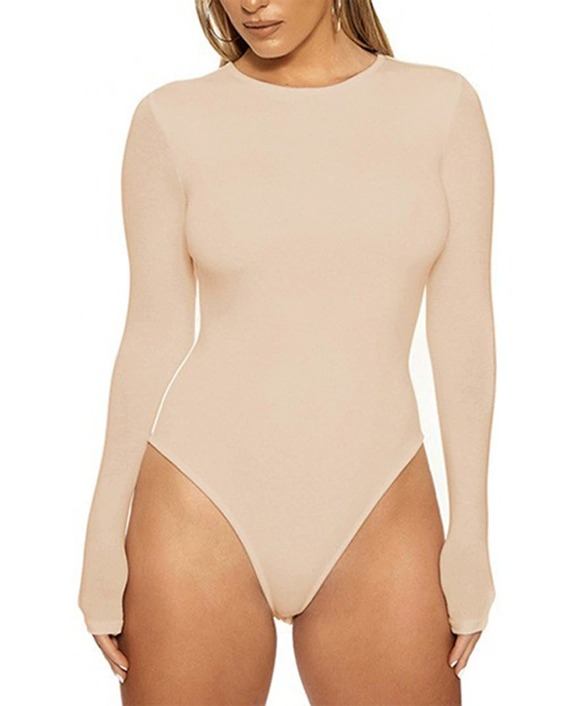 High-Neck Long-Sleeved Solid Color Leggings Bodysuit