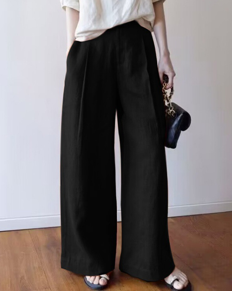 Cotton And Linen Casual Wide Leg Pants-Curvy-Faja