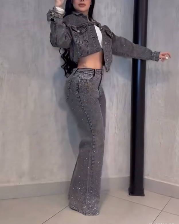 Dark Gray Diamond Studded Straight Leg Jeans (Pre-Sale)