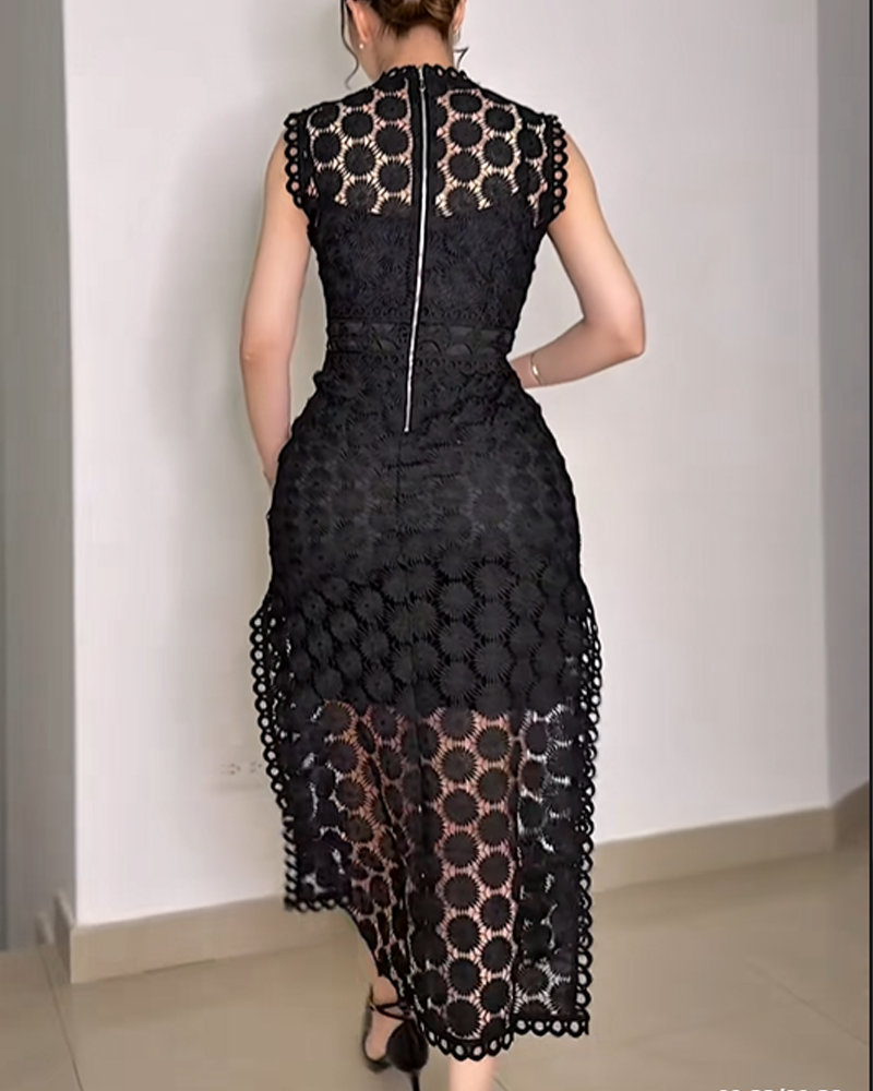 Round Neck Sleeveless Fitted Waist Double Slit Hollow Water-Soluble Lace Dress