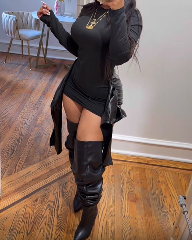 Women's Front-Tie PU Trim Long-Sleeved Mini Dress