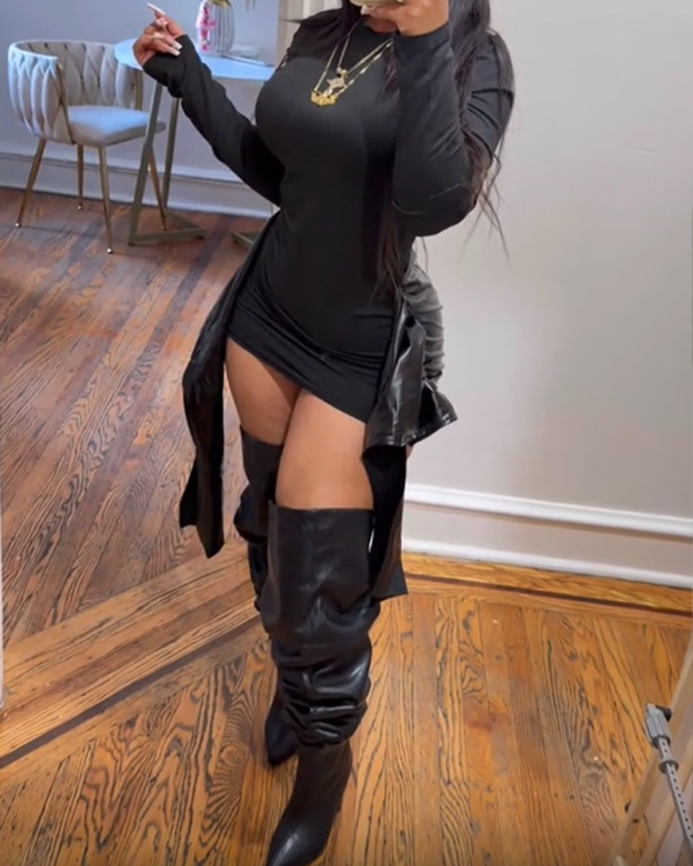 Women's Front-Tie PU Trim Long-Sleeved Mini Dress