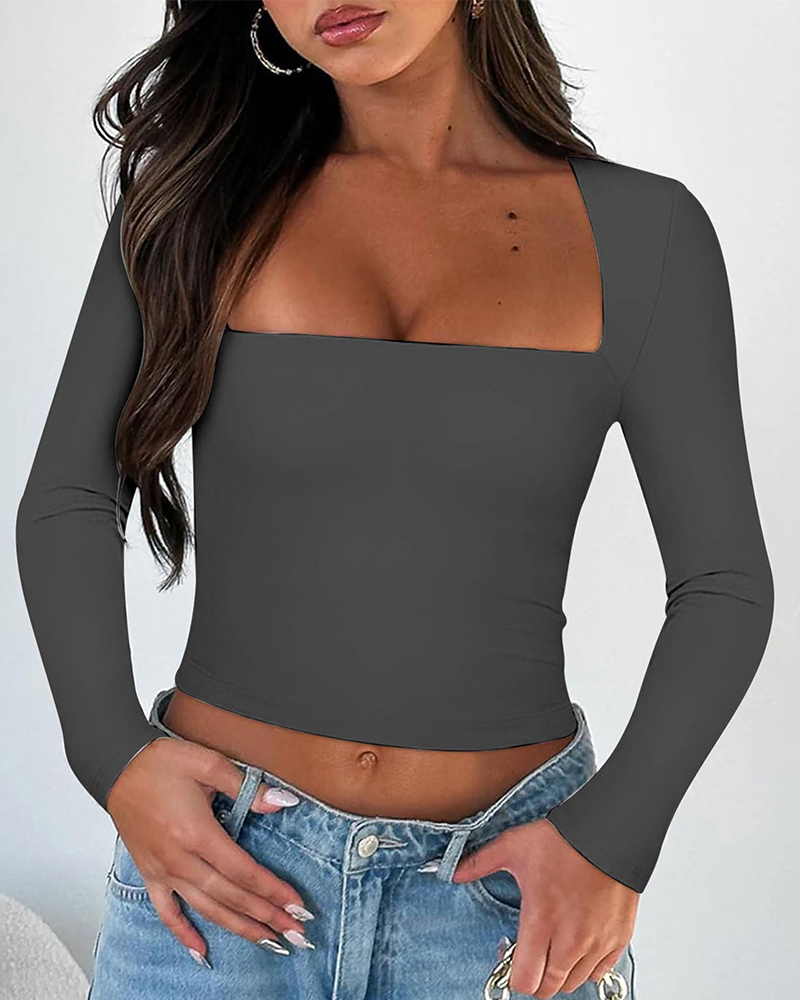 Long Sleeve Square Neck T-Shirt Top-Curvy-Faja