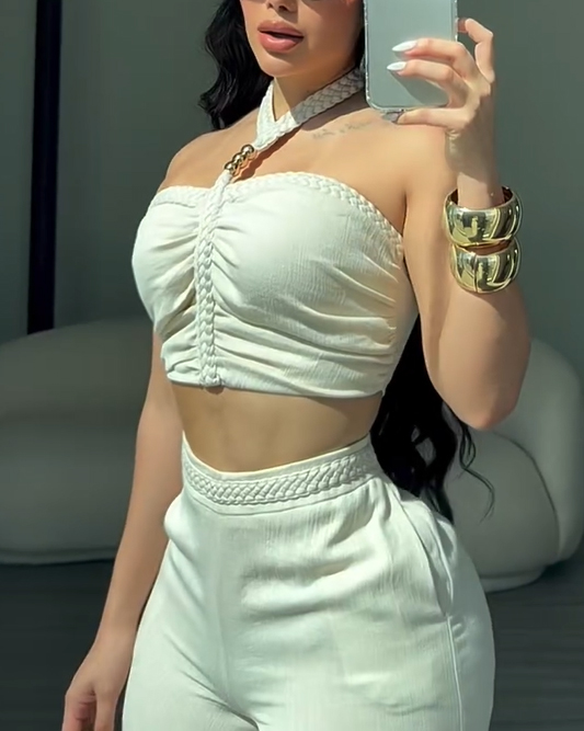Braided Trim Two Piece Outfit with Flared Trousers