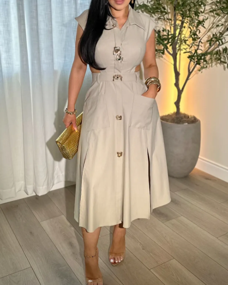 Business Suit Sleeveless Shirt Collar Dress Waist Hollow Design Long Skirt-Curvy-Faja