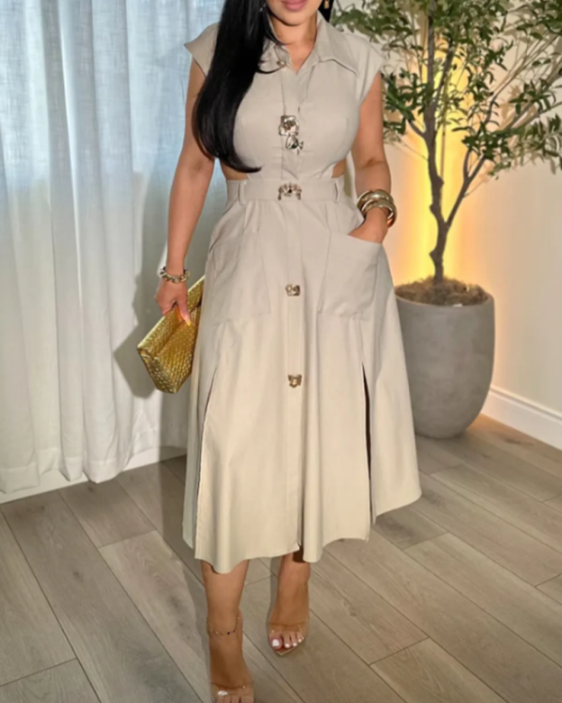 Business Suit Sleeveless Shirt Collar Dress Waist Hollow Design Long Skirt-Curvy-Faja