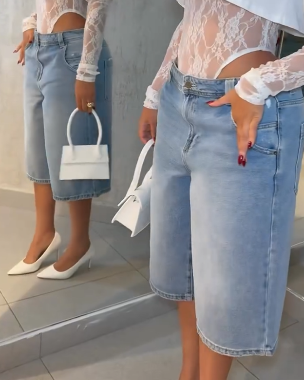 Low-Rise Loose Denim Cropped Trousers (Pre-Sale)