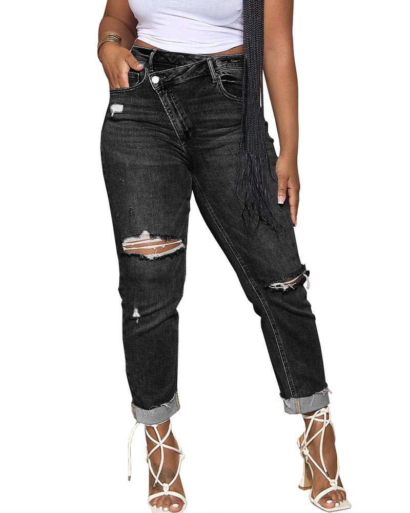 Stretch Ripped High-Waist Jeans-Curvy-Faja
