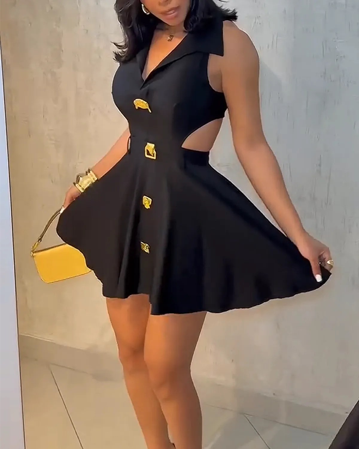 Ladies V-neck Metal Button Sleeveless Dress-Curvy-Faja