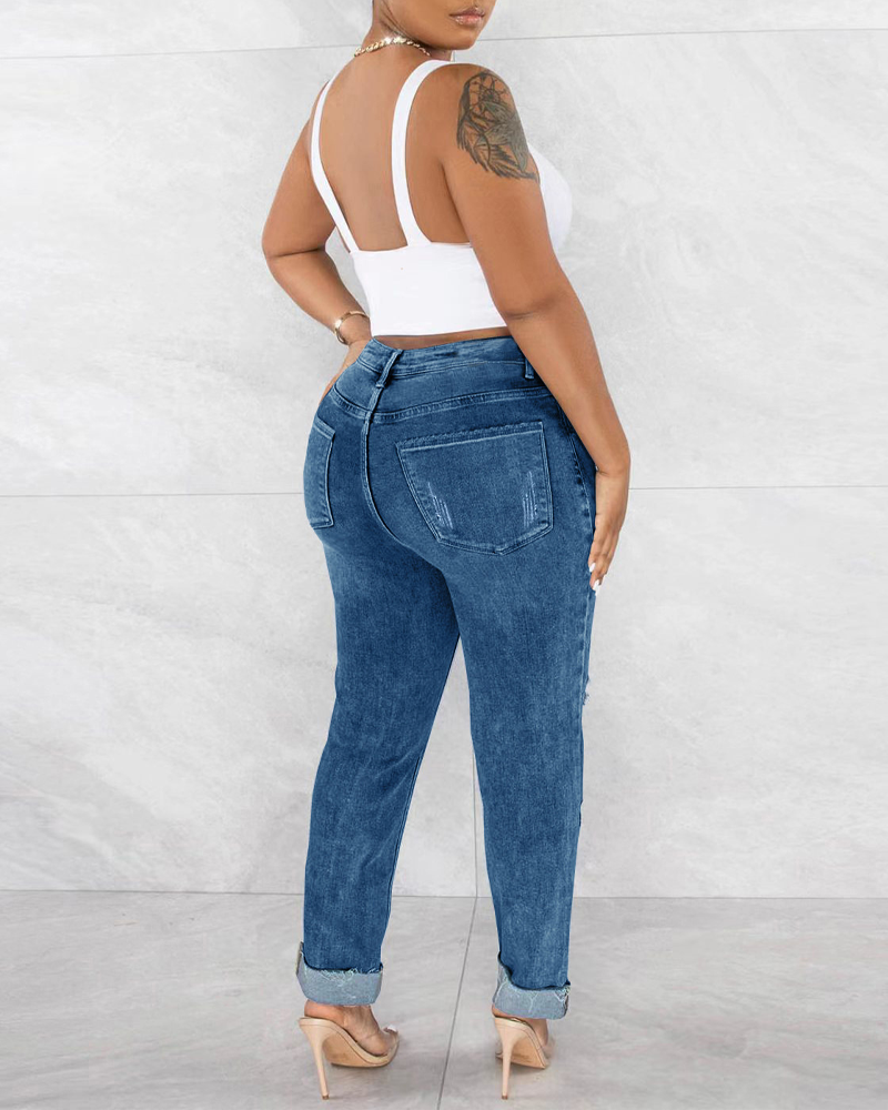 Stretch Ripped High-Waist Jeans-Curvy-Faja