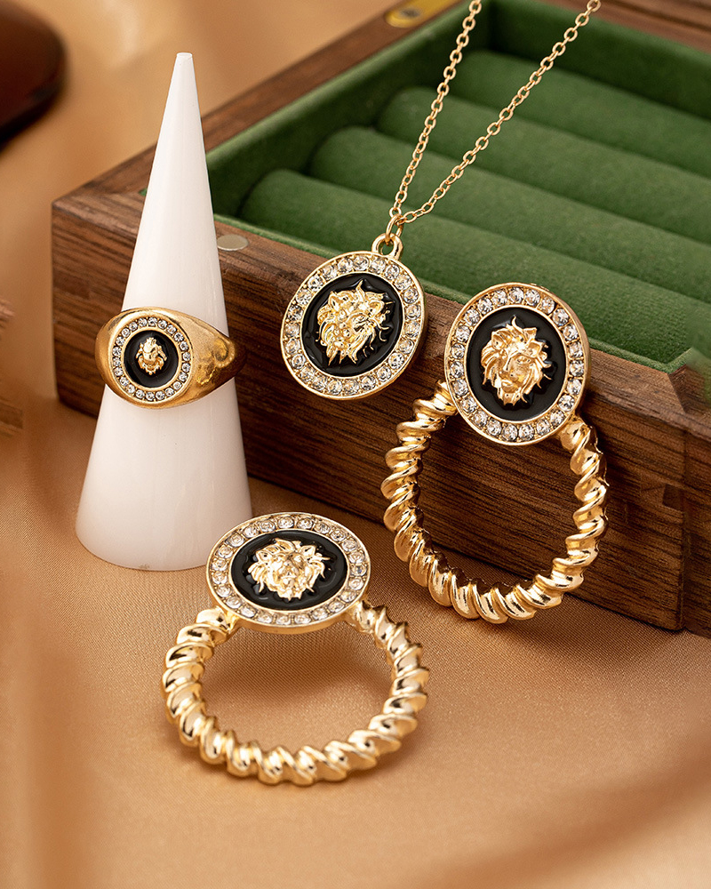 Lion Head Diamond Pendant Necklace Earrings Ring Set-Curvy-Faja