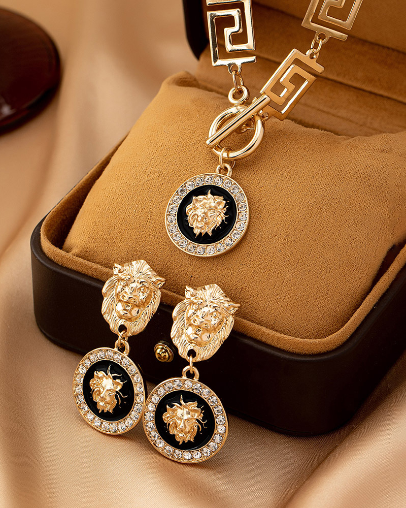 Vintage Lion Head Necklace Earring Set-Curvy-Faja