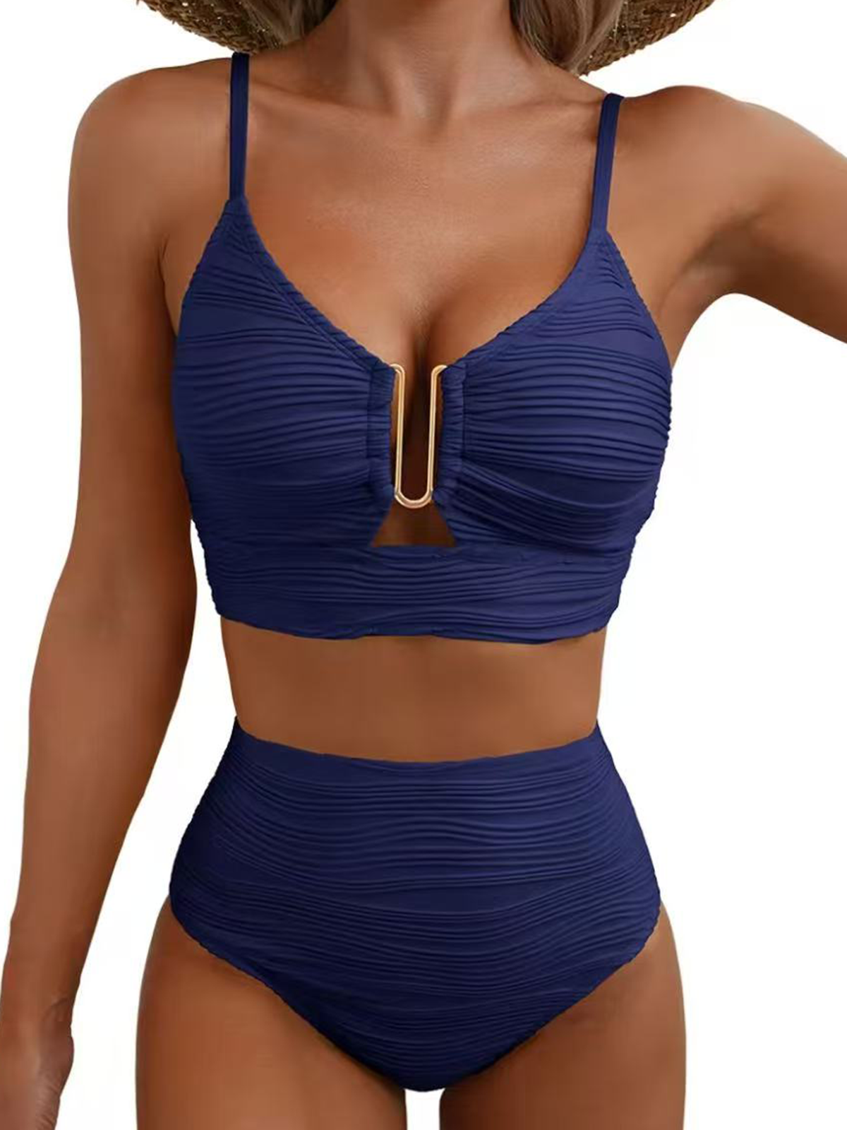 Two-Piece Bikini Set U-Shaped Underwire Hollow High Waist Textured Swimsuit