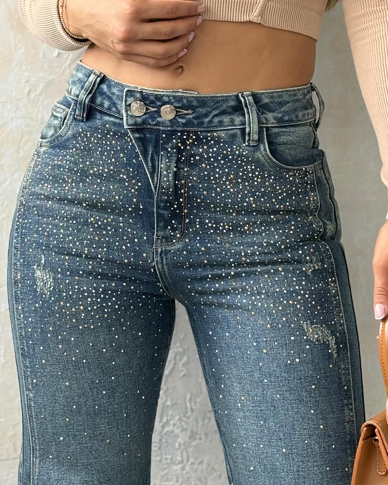 Diamond-Studded Straight-Leg Jeans (Pre-sale)-Curvy-Faja