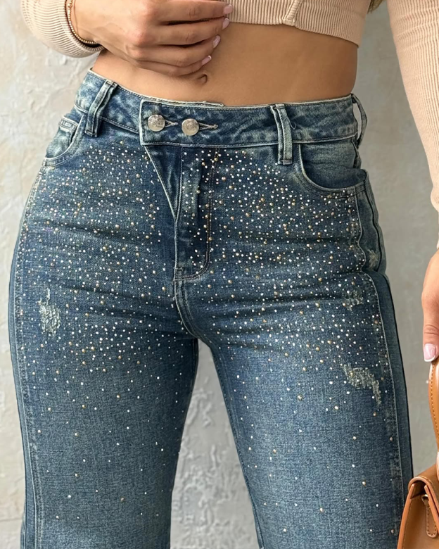Diamond-Studded Straight-Leg Jeans (Pre-sale)-Curvy-Faja